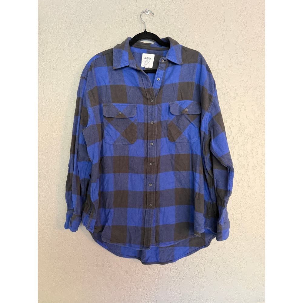 Aerie Plaid Flannel Button Up Shirt Blue Charcoal Gray Oversized Medium M